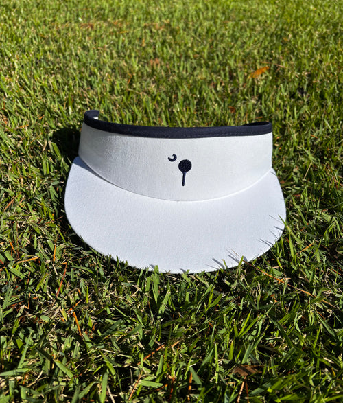 PalmTee Made in USA Visor in white with navy trim and embroidered tee logo