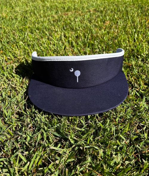 PalmTee Made in USA Visor in navy with white trim and embroidered tee logo